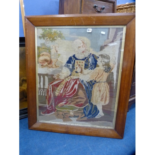 521 - Framed tapestry, photograph of a girl and a picture of a mother and children.  (3)