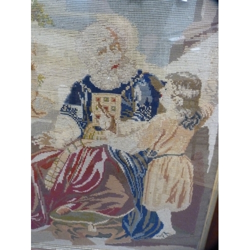 521 - Framed tapestry, photograph of a girl and a picture of a mother and children.  (3)