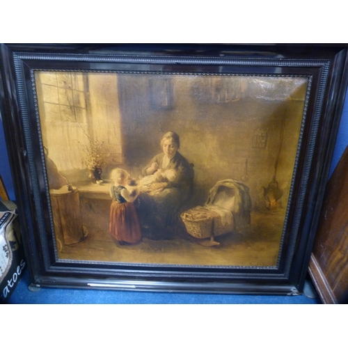 521 - Framed tapestry, photograph of a girl and a picture of a mother and children.  (3)