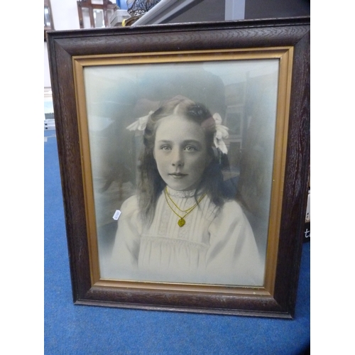 521 - Framed tapestry, photograph of a girl and a picture of a mother and children.  (3)