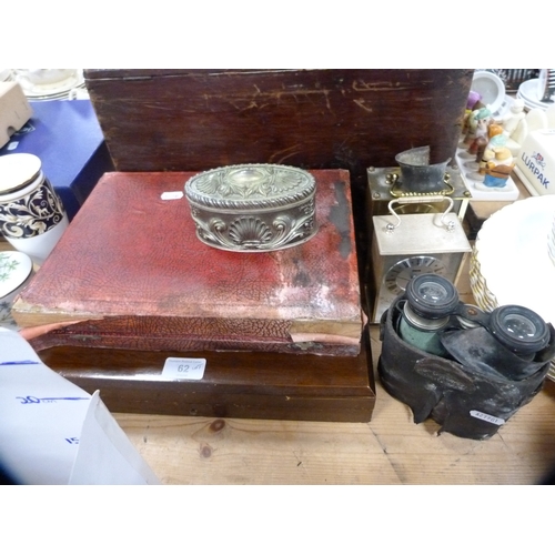 62 - Pair of field glasses, carriage clocks, jug, posies, Wedgwood vase, figures, trinket box, boxed fish... 