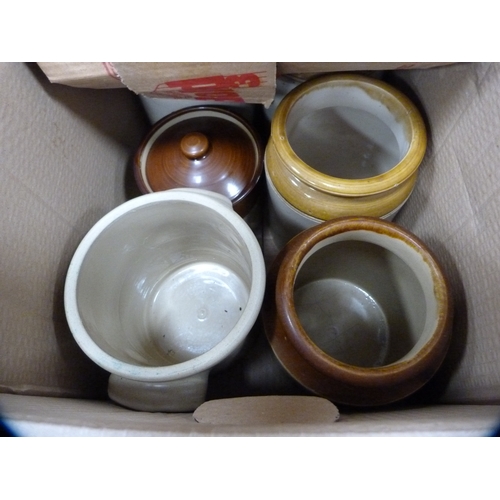 65 - Carton containing stoneware kitchenalia to include jugs, bowls etc.