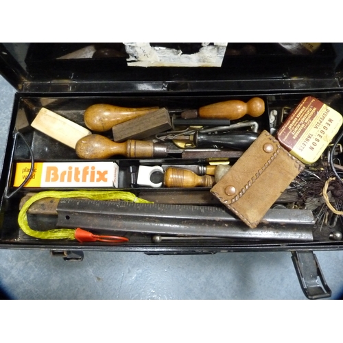 67 - Toleware-style toolbox containing assorted tools.