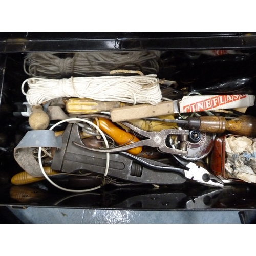 67 - Toleware-style toolbox containing assorted tools.