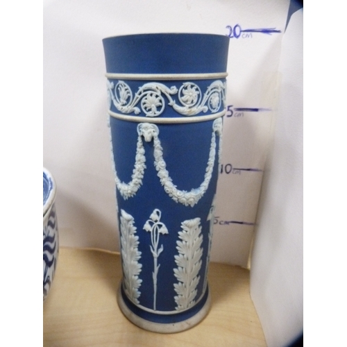 7 - Wedgwood blue Jasper ware vase, Willow pattern bowl, ginger jars etc.