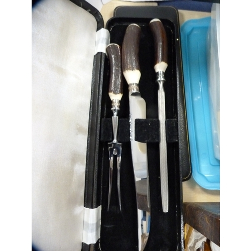 4 - Three-piece horn-handled carving set, boxed, and other EP flatware etc.