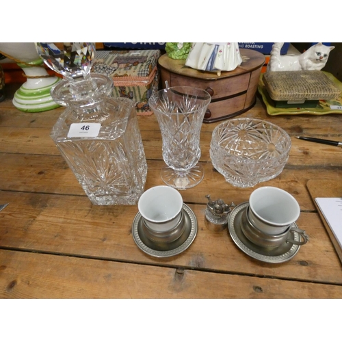 391 - Cut glass decanter chocolate cups etc.