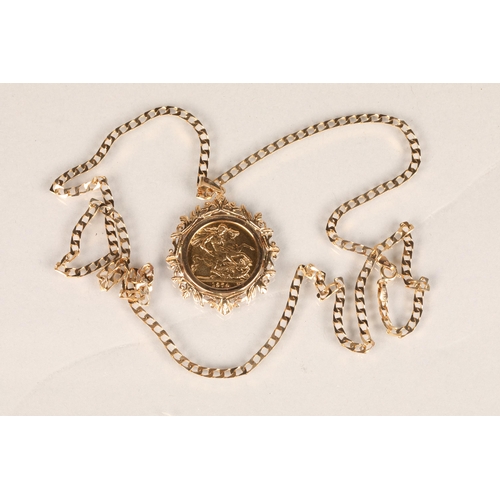 100 - 9 ct gold mounted gold sovereign pendant (1974) with chain .total weight 18.7 grams