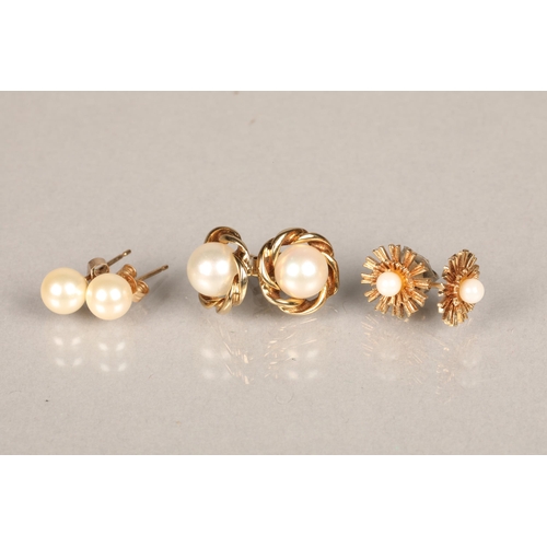 126 - Three pairs of 9 ct gold pearl earrings