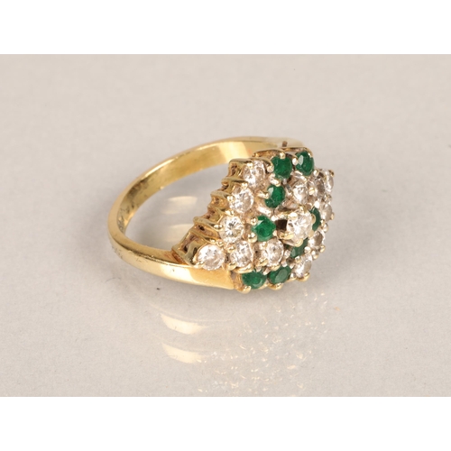 98 - 18 ct yellow gold diamond and emerald cluster ring. size L/M