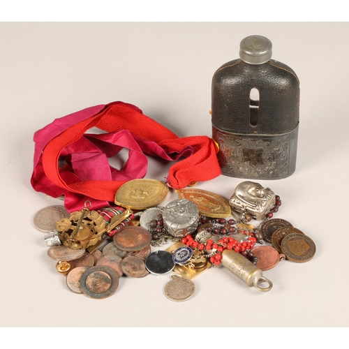 173 - Leather and white metal cased flask, and assortment of medallions, badges, trinket boxes, whistle, e... 