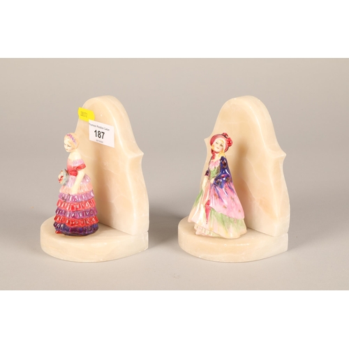 187 - Pair quartz bookends with Royal Doulton figures attached