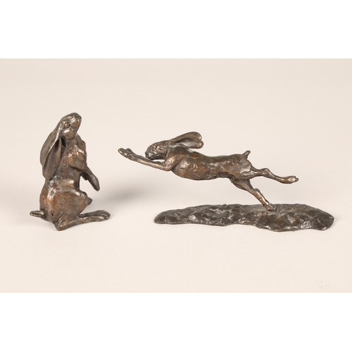 211 - A bronze figure of a seated hare 9cm, and another of a running hare, both signed PJ