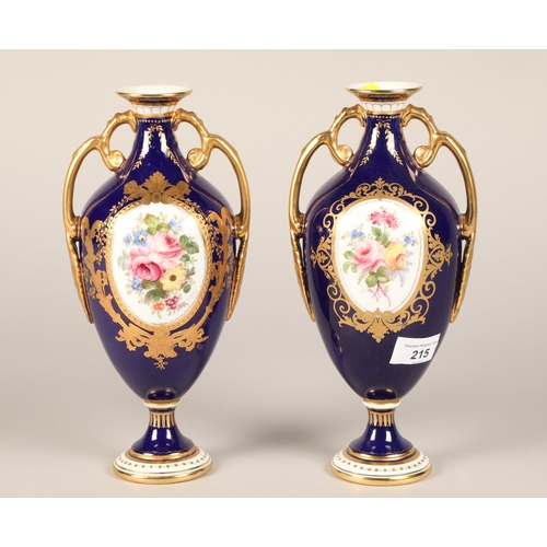 215 - Pair of Royal Crown Derby twin handled baluster vases with floral vignettes 18cm h