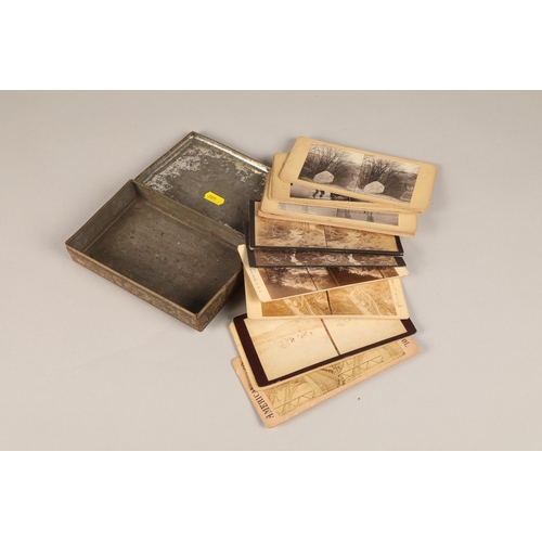 229 - Collection of stereoscope cards including American and foreign scenery, Swiss cottages etc, in metal... 