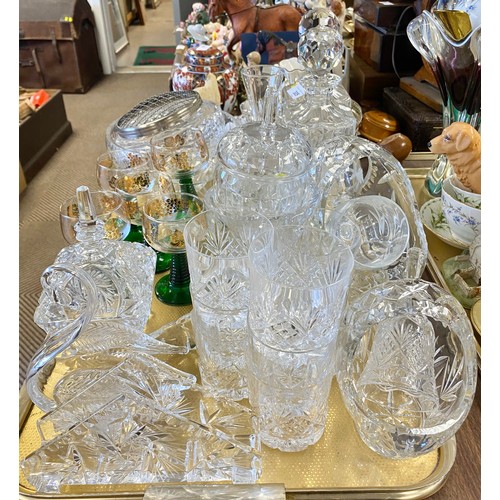 305 - Tray containing cut and other glassware, including green stemmed wine glasses, decanter, rose bowl, ... 