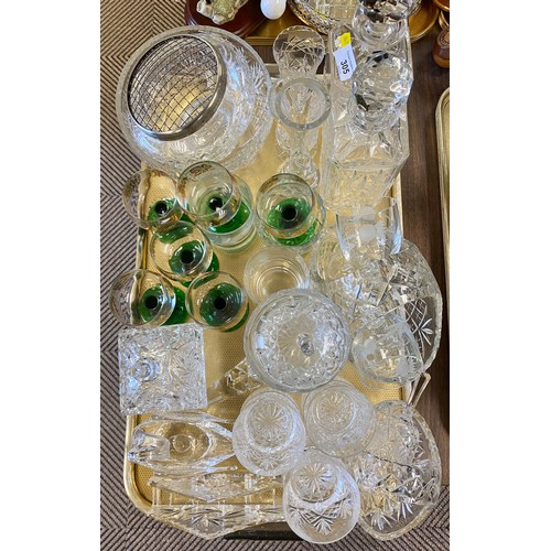 305 - Tray containing cut and other glassware, including green stemmed wine glasses, decanter, rose bowl, ... 