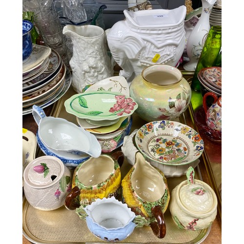 298 - Tray containing an elephant plant stand, Carlton Ware dishes, cottage ware sugar and cream etc