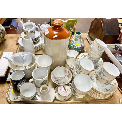 271 - Tray containing Royal Albert part tea set, commemorative ware, stoneware hot water jar etc.