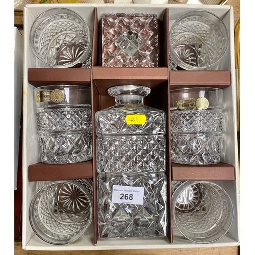 268 - Bohemia whisky decanter and six tumblers boxed, also Royal Worcester dishes, picture frames etc