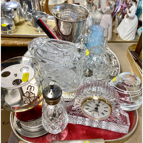 266 - Tray containing a Galway glass mantle clock, EP tray, cut glass, etc