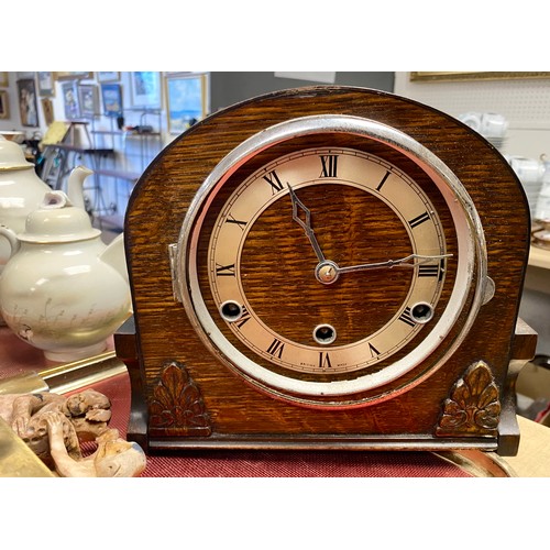 265 - Tray containing two soapstone brush washers, monocular scope, mantle clock, boxes, etc