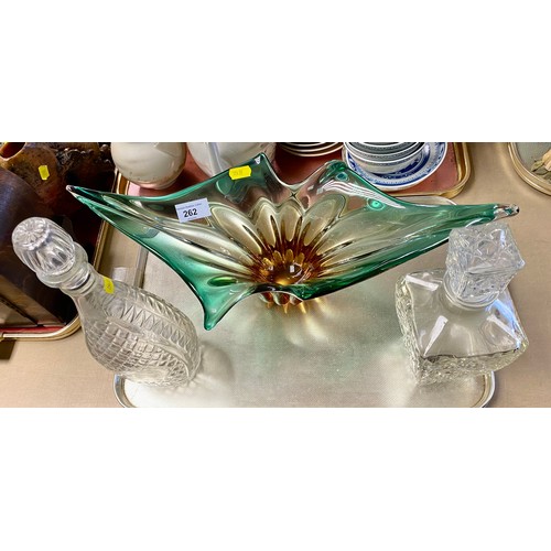 262 - Coloured art glass dish, A federal Law USA decanter and another