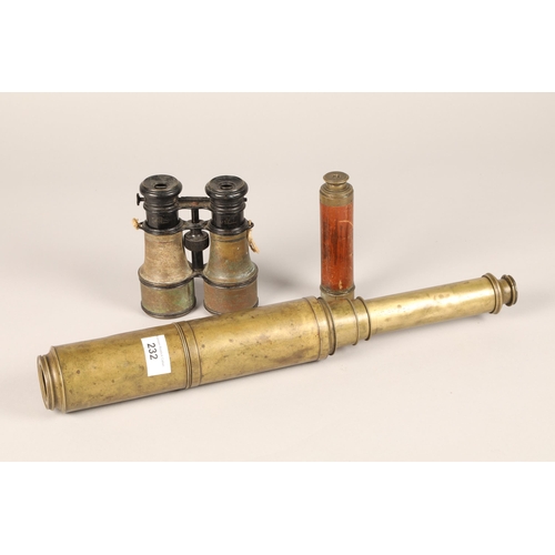 232 - Three draw brass telescope, another with wood casing, and a pair of field glasses