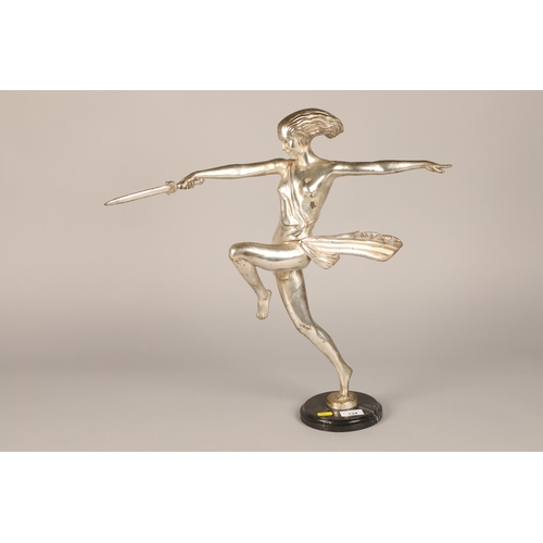 234 - Cast metal classical art deco style figure with a sword 53cm h, base signed J Prince