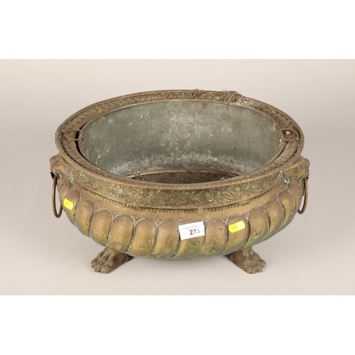 275 - Brass oval jardiniere with twin lion mask handles and paw feet 39cm