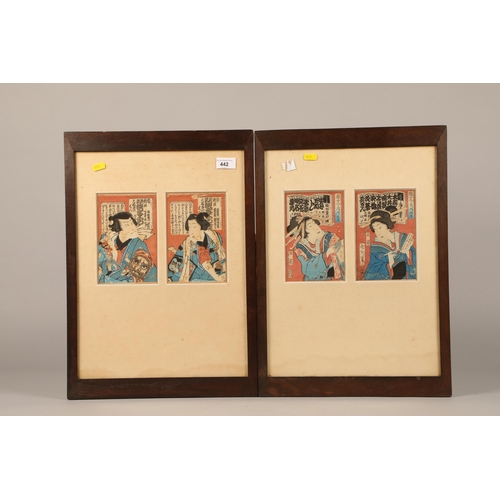 442 - Attributed to Toyohara Kunichika, Japanese (1835-1900), Two sets of mounted and framed Japanese wood... 