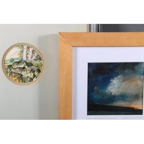 497 - JAMES R BARCLAY, Dark Headland Orkney, 8.5cm x 9cm, frame 18.5cm x 18.5cm, and miniature of a woodla... 