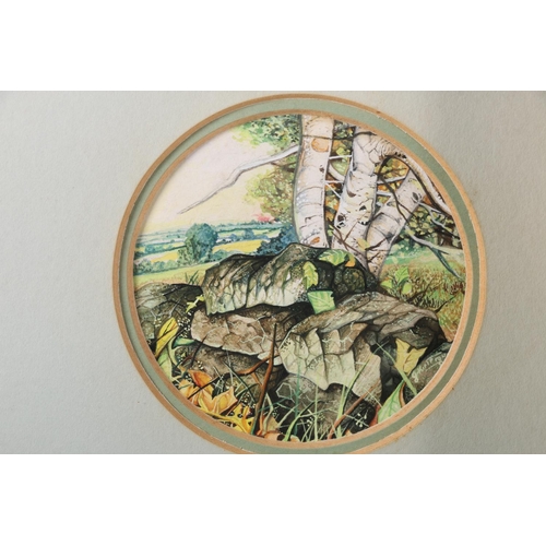 497 - JAMES R BARCLAY, Dark Headland Orkney, 8.5cm x 9cm, frame 18.5cm x 18.5cm, and miniature of a woodla... 