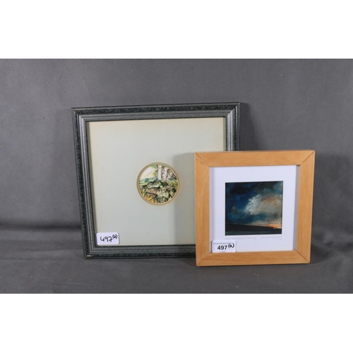 497 - JAMES R BARCLAY, Dark Headland Orkney, 8.5cm x 9cm, frame 18.5cm x 18.5cm, and miniature of a woodla... 