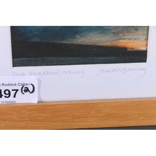 497 - JAMES R BARCLAY, Dark Headland Orkney, 8.5cm x 9cm, frame 18.5cm x 18.5cm, and miniature of a woodla... 