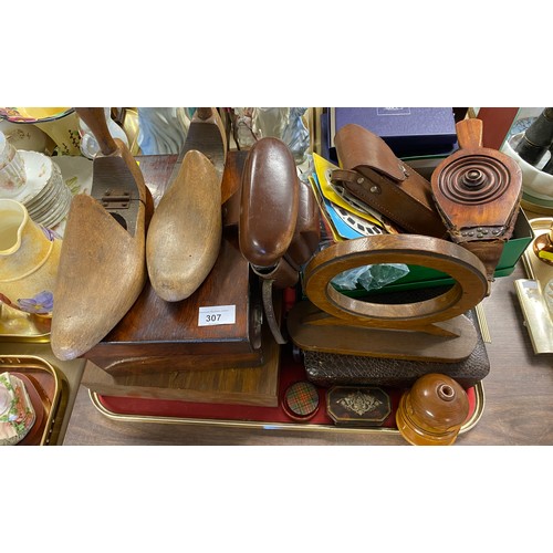 307 - Tray containing 19th century work box, vintage cameras, bellows, cased dressing table set, pair of s... 