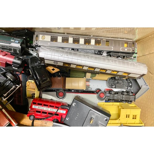 341 - Box containing Hornby rolling stock, Hornby Boscastle locomotive, railway sheds, and other model car... 