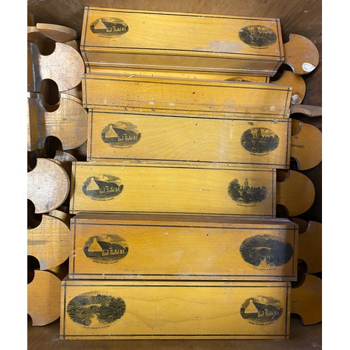 373 - Large quantity of Mauchline ware razor hone cases only in vintage wooden box