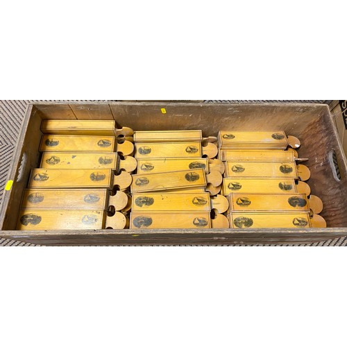 373 - Large quantity of Mauchline ware razor hone cases only in vintage wooden box