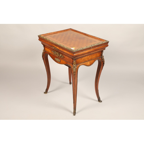 516 - 19th century Louis XVI style gilt metal mounted work table with parquetry top, hinged cover, pull ou... 