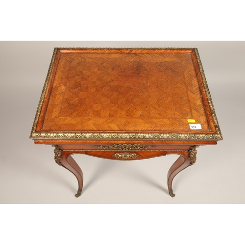 516 - 19th century Louis XVI style gilt metal mounted work table with parquetry top, hinged cover, pull ou... 