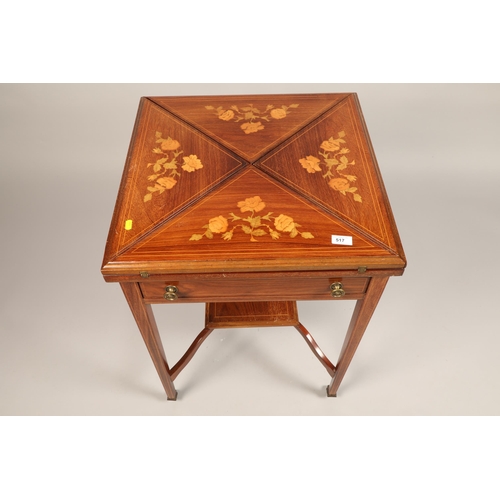 517 - Edwardian inlaid envelope card table, with frieze drawer under tier raised on square tapered support... 