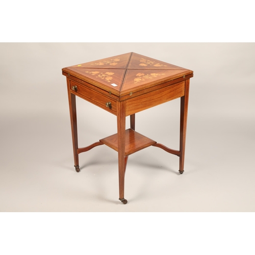 517 - Edwardian inlaid envelope card table, with frieze drawer under tier raised on square tapered support... 