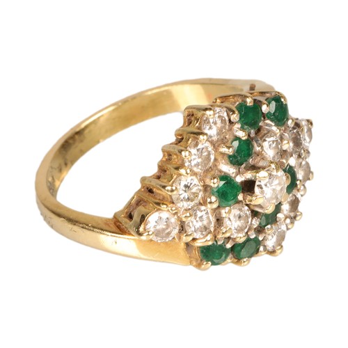 18 ct yellow gold diamond and emerald cluster ring. size L/M