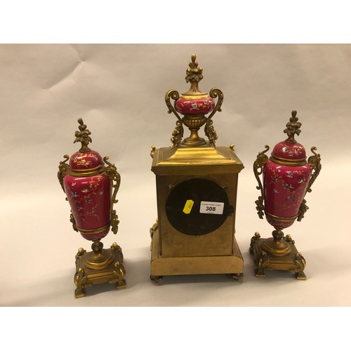 308 - 19th Century French three piece ormolu and porcelain clock set, the porcelain panels in pink decorat... 