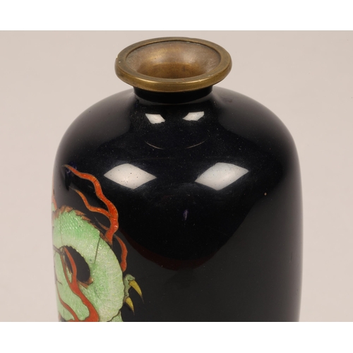 268 - Japanese cloisonne vase, baluster form, black ground, decorated with a green dragon, height 15cm