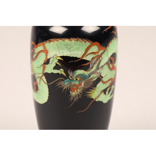 268 - Japanese cloisonne vase, baluster form, black ground, decorated with a green dragon, height 15cm