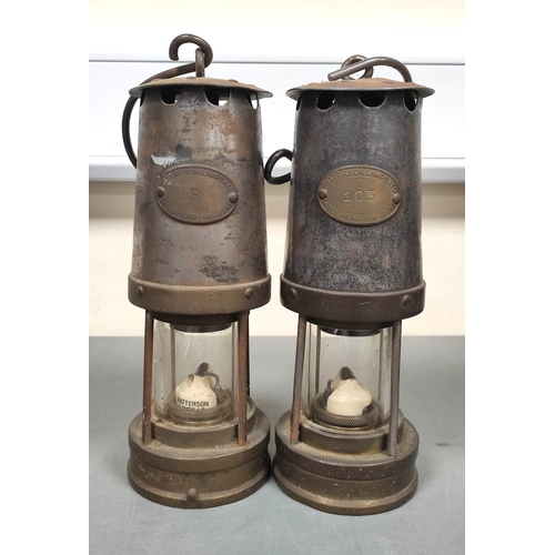 281 - Two Miners Lamps by Patterson Lamps Ltd, Gateshead on Tyne, Type B7. Brass lower body, makers plaque... 