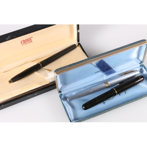 544 - Relief fountain pen, nib marked 14ct, Cross pen nib marked M, and another pen. 