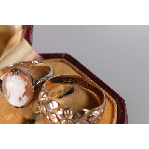 551 - 9ct gold ring with shell cameo, size K, and another 9ct ring, 7.3g.  